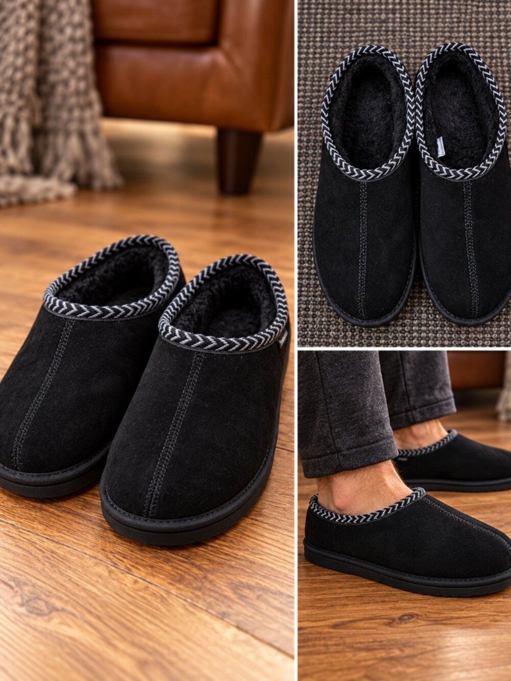 BEARPAW Beau Men’s 10 Black Suede Wool Blend Slippers Worn Twice